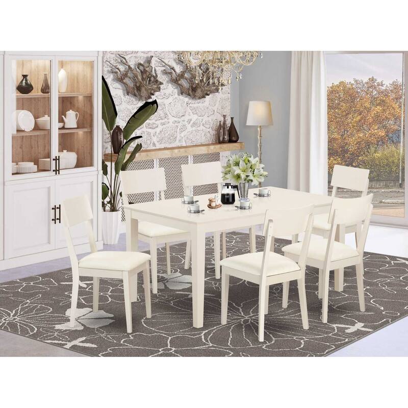 HomeStock 7-Piece Linen White Finish Solid Wood Top Dining Table with 6 Chairs with Lattice Back