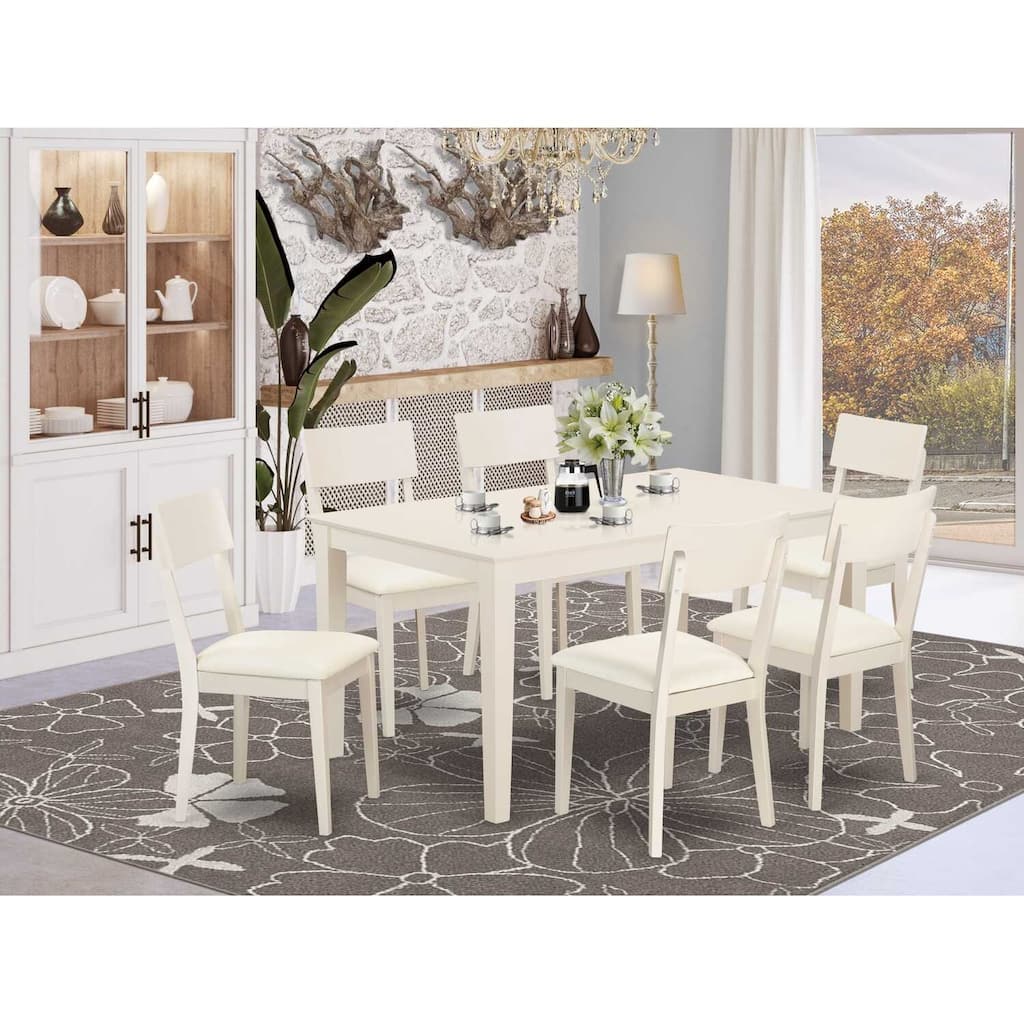 HomeStock 7-Piece Linen White Finish Solid Wood Top Dining Table with 6 Chairs with Lattice Back