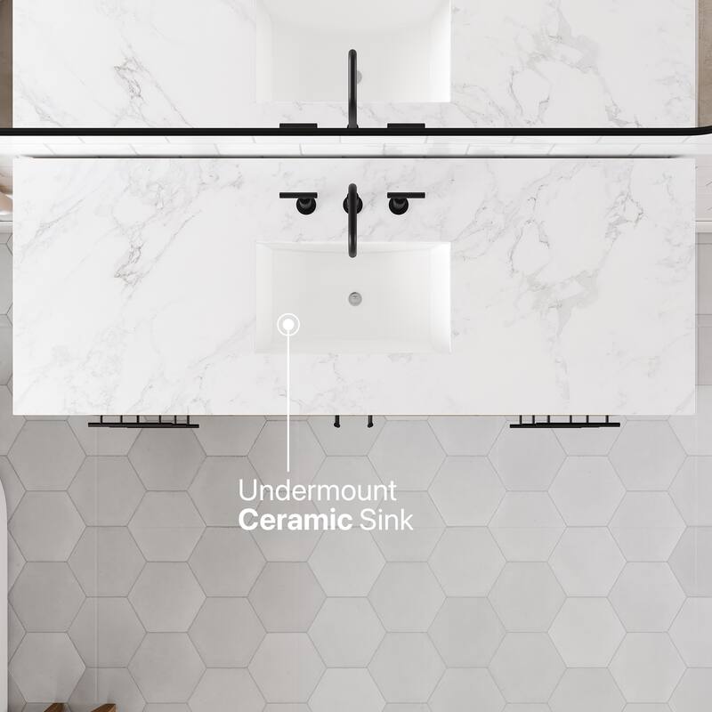 Graham 60"W Oak SS Bath Vanity with WH Arabescato Engineered Stone Top