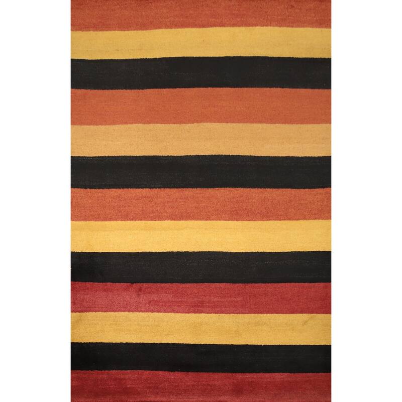 Hand Knotted Oriental 100% Wool Carpet Modern Stripe Oranges & Rust Gabbeh Area Rug - 9' 4'' X 6' 4''