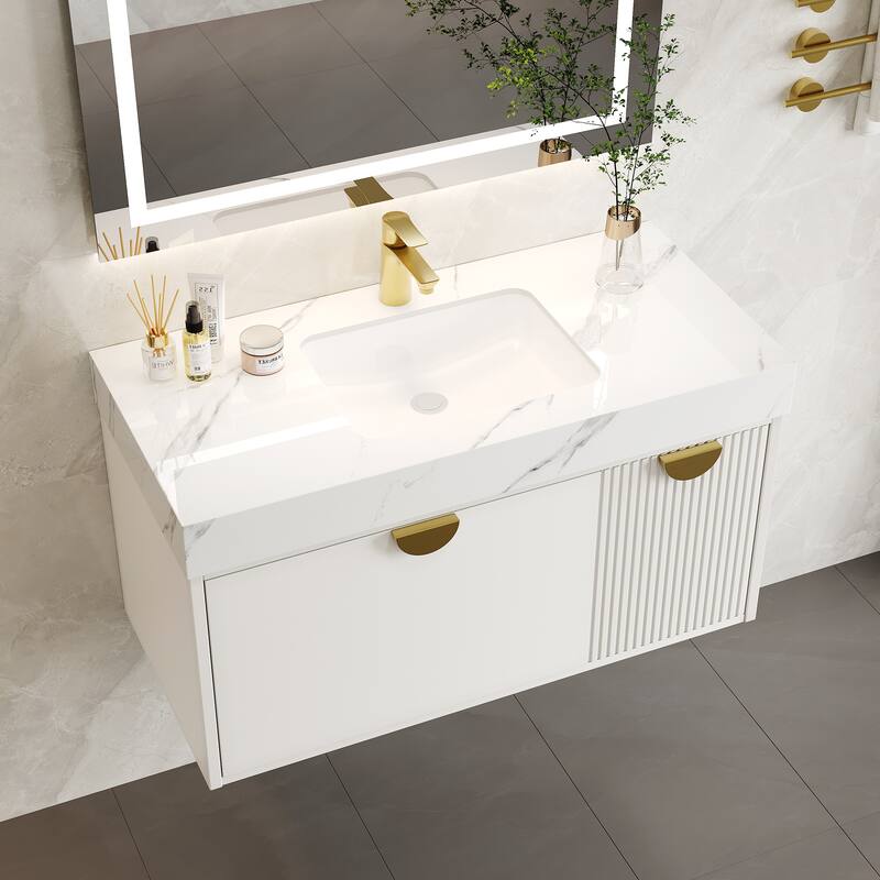 36" Single Bathroom Vanities with Sintered StoneTop, Wall Mount Vanities with Ample Storage