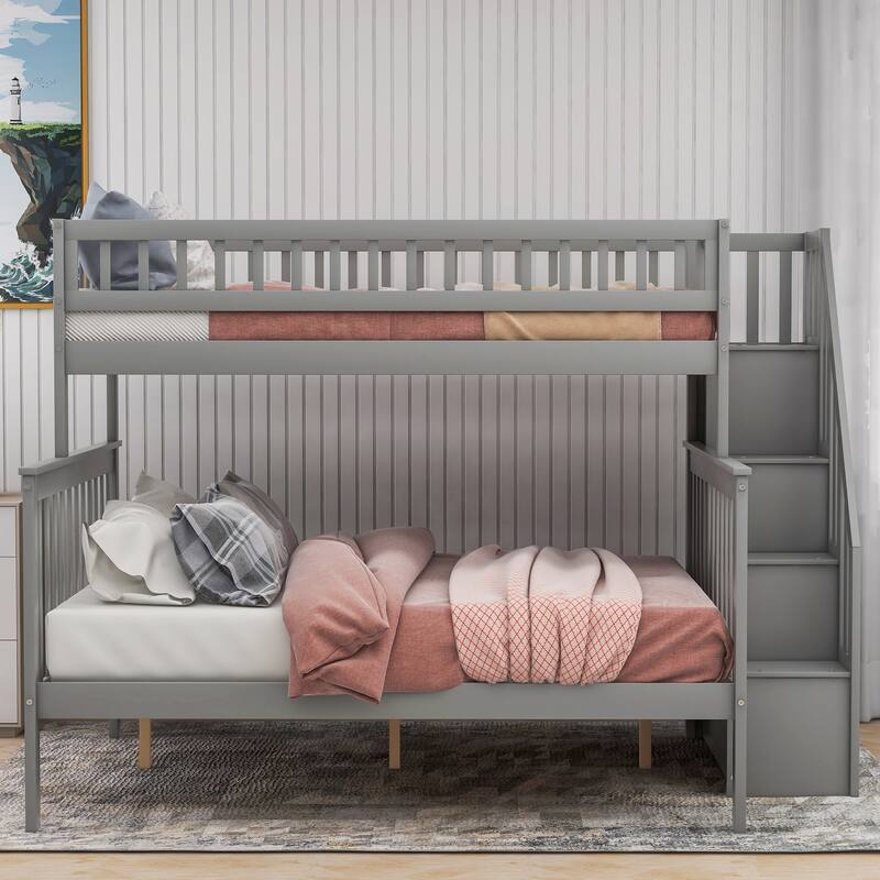 Twin Over Full Wood Bunk Bed with Storage Staircase, Convertible to Two Beds