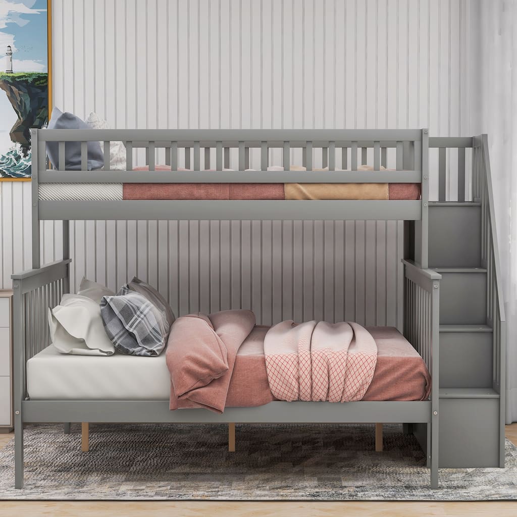 Wood Twin Over Full Bunk Bed with 2 Drawers & Storage Stair for Kids