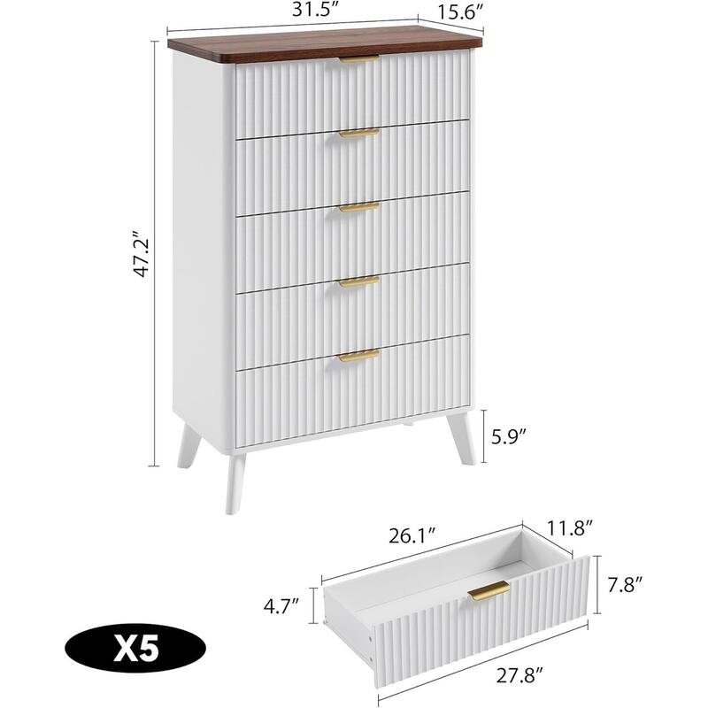 Modern Fluted 5 Drawers Dresser for Living Room, Bedroom