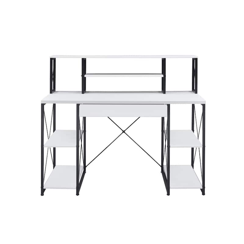 Wood Computer Desk with Black Metal Base, Drawer and 6 Shelves - White-Black