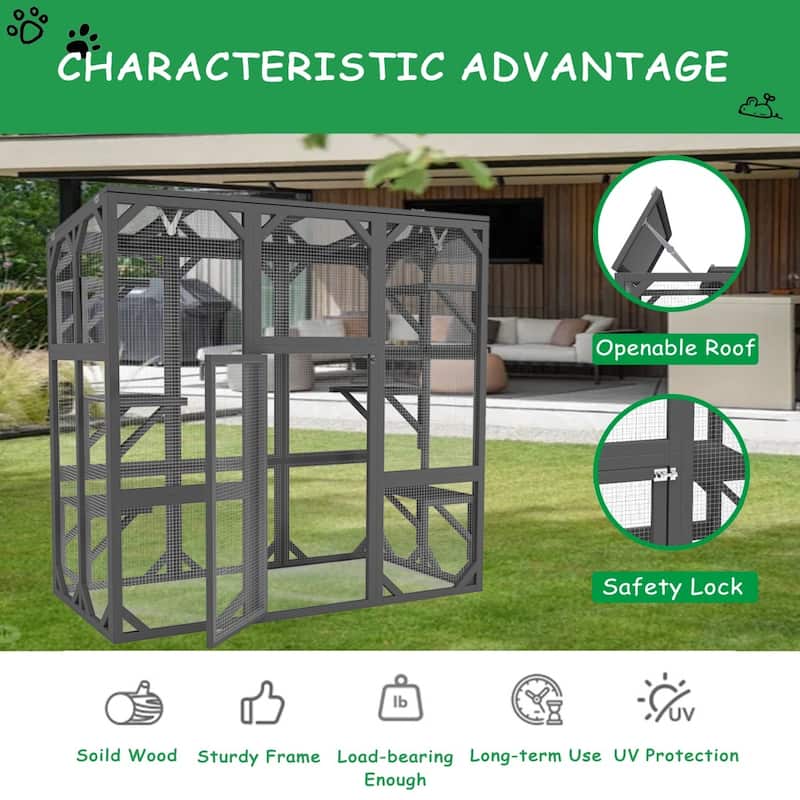 60" Wooden Outdoor Catio Cat Enclosure with Roof & Platforms for Cats