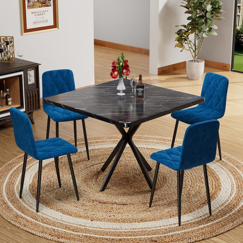 4 Piece Velvet Kitchen Dining Chairs with Metal Legs, Cushions, Backrests, No Armrests for Dining Room Kitchen Living Room - Blue