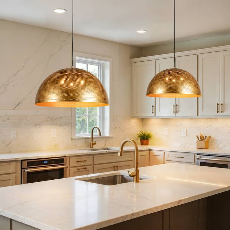 Rennnsan 3-Light Gold/Black Perforated Gold/Black Dome Pendant Light for Kitchen Island Dining Room