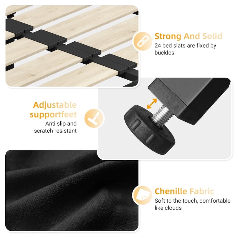 Queen/King Size Upholstered Bed with Oversized Cloud Tufted Headboard, Chenille Platform Bed Frame with Metal & Wood Slats