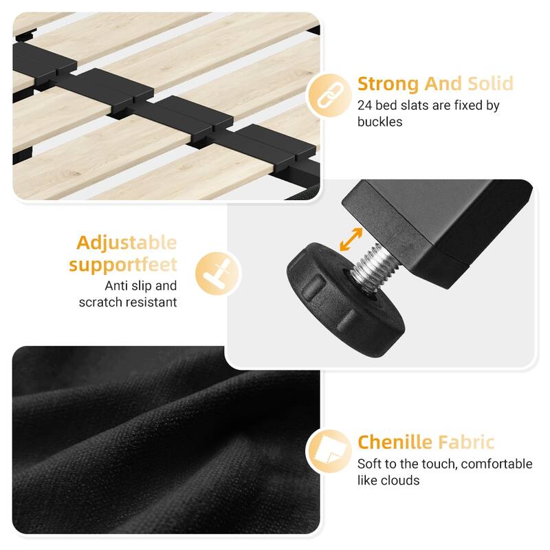 Queen Size Bed Frame with Tufted Headboard, Chenille Platform Bed, Black, Solid Wood and Metal Slats, Noise-Free