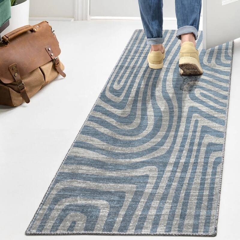 JONATHAN Y Kallax Abstract Two-Tone Low-Pile Machine-Washable Blue/Cream Area Rug