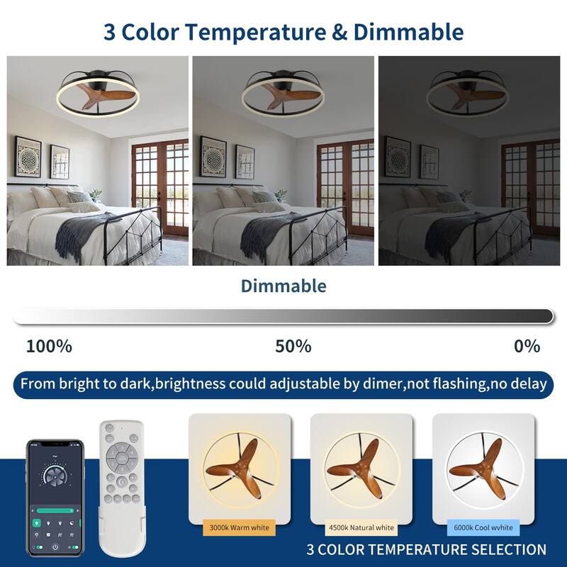 Farmhouse Solid Wood Blade Ceiling Fan with Light and Remote, 24" Low-Profile LED Fan Light Fandelier for Bedroom Kitchen