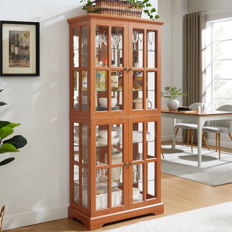Lighted Curio Display Cabinet, Accent Cabinet with Mirrored Back Pane, Display Cabinet with 4 Glass Doors & Adjustable Shelves - Oak