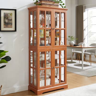Lighted Curio Display Cabinet, Accent Cabinet with Mirrored Back Pane, Display Cabinet with 4 Glass Doors & Adjustable Shelves
