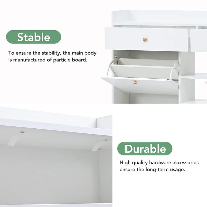 Roomfitters Modern Tipping Bucket Shoe Cabinet with 4 Flip Compartments, Multifunctional 2-Tier Shoe Storage Organizer