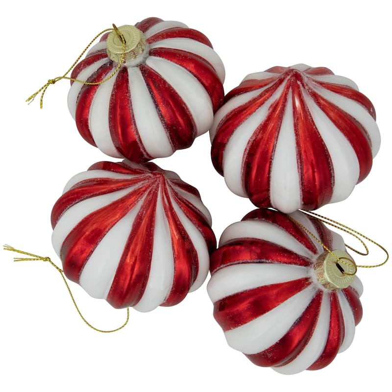 4Ct Red White Glittered Candy Cane Onion Glass Christmas Ornaments 3"