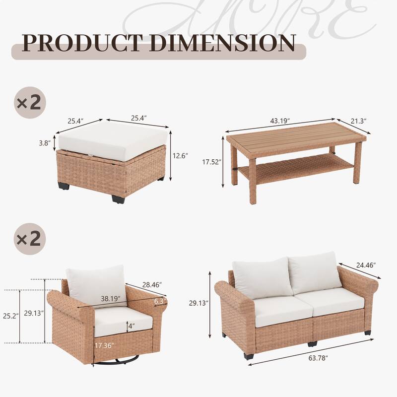 Outdoor 6-Piece PE Rattan Patio Conversation Set with Swivel Chairs