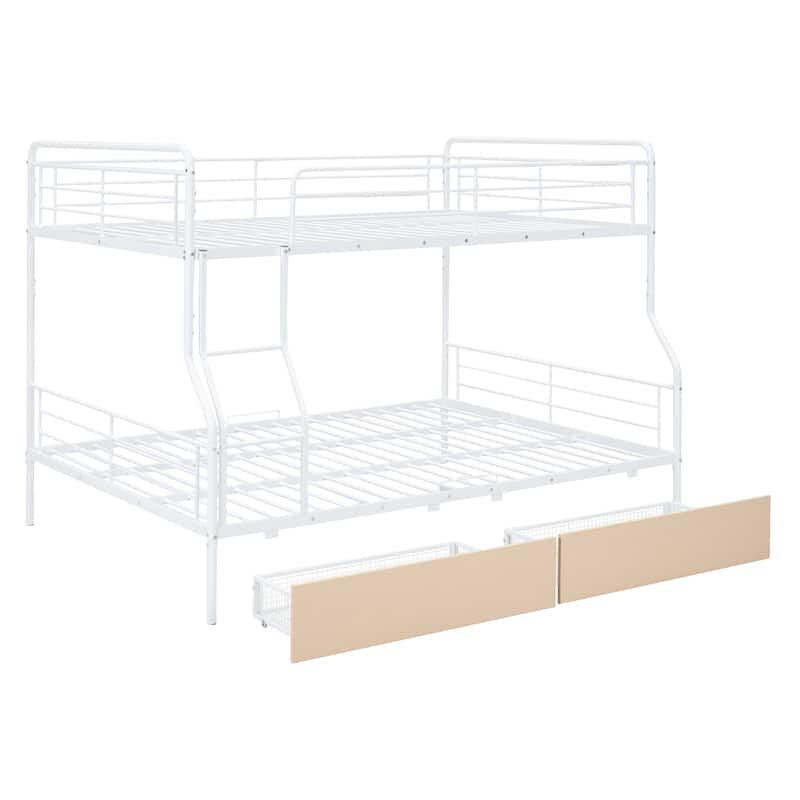 HomeRoots White Full Over Queen Contemporary Metal Bunk Bed With Drawers