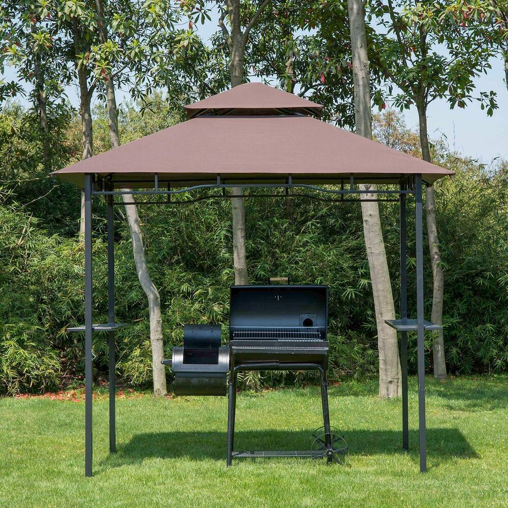 Double Roof Outdoor BBQ Gazebo with Weather-Resistant Canopy and Storage Shelves