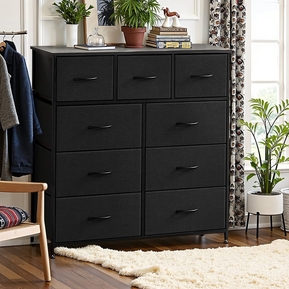 Dresser for Bedroom, Storage Organizer with 9 Drawers, Chest of Drawers with Fabric Bins, Sturdy Metal Frame, Wood Tabletop