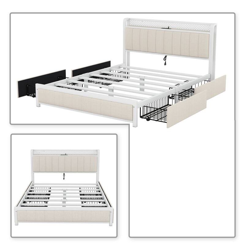 Contemporary Multifunctional Queen Size Linen Fabric Upholstered Platform Bed