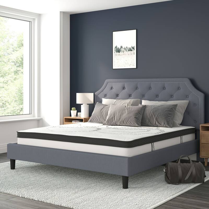 Tufted Platform Bed with 10 Inch Pocket Spring Mattress - Light Gray - King