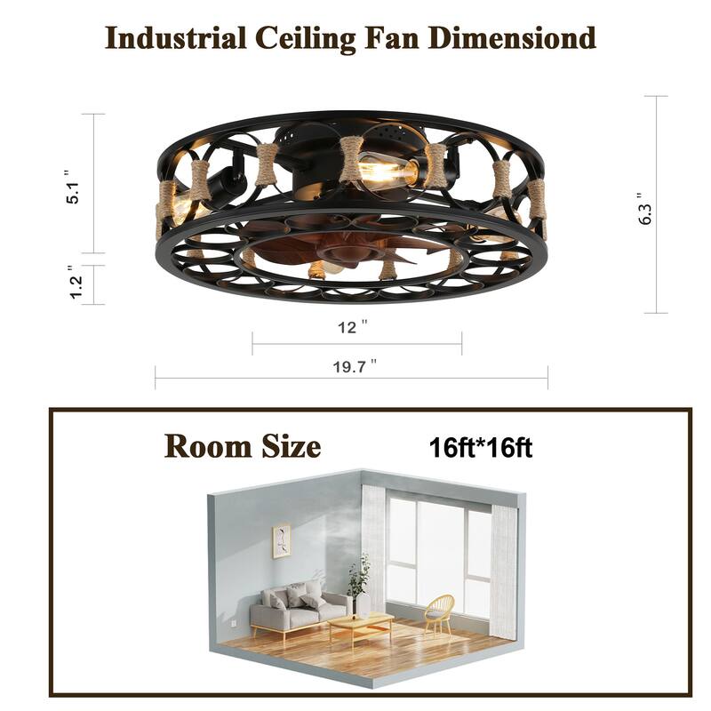 Bella Depot 20" Farmhouse Flush Mount Ceiling Fan with Remote and Light Kit 6-speed Reversible Motor - 20 inch