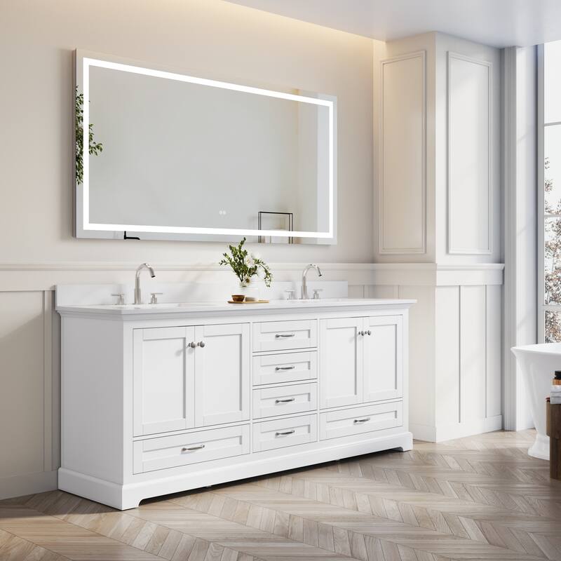 80''W Solid Wood Frame Bathroom Vanity With Pure White Culutered Marble Countertop And Double Sink