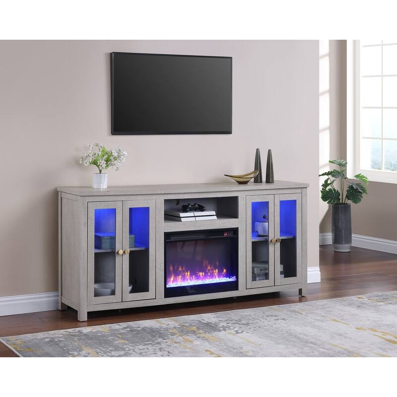 Ellington 70"W White Walnut Finish Fireplace TV Stand Console with LED Light, Cabinets, Shelves - n/a - White Walnut