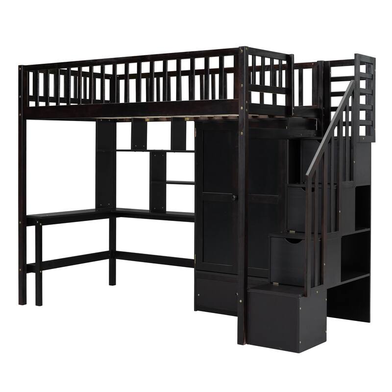 Twin Loft Bed with Bookshelf, Drawers, Desk, and Wardrobe in Espresso