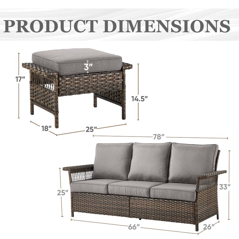 Pocassy Outdoor Swivel Chairs with Sofa Chair Ottoman and Table Set - Brown Wicker Gray Cushion - 3-Piece Patio Sofa with Ottoman