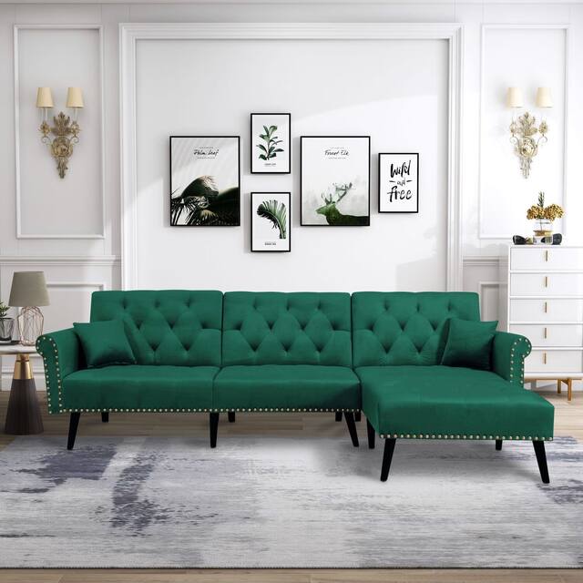 Velvet Convertible Tufted Sleeper Corner Sectional Sofa Bed - Green