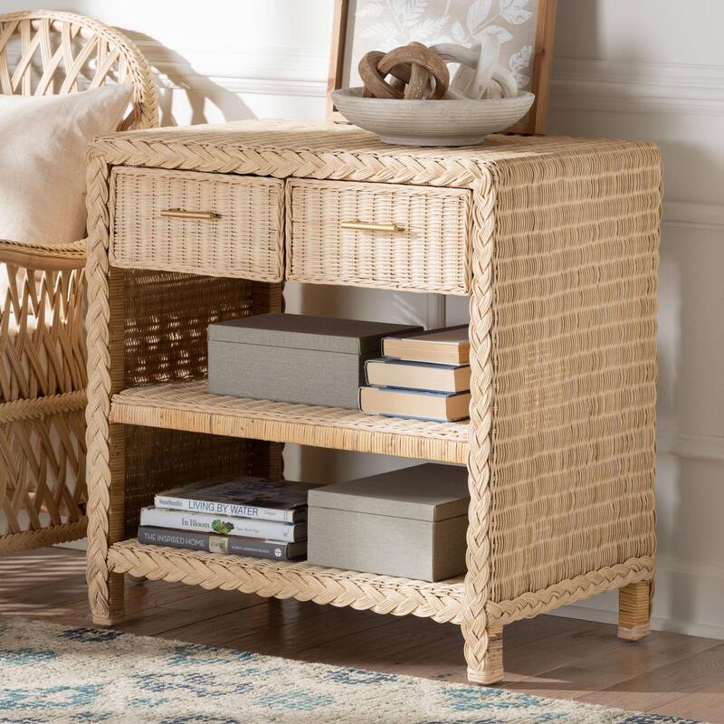 Lanica Braided Natural Rattan Console Table with Drawers and Shelves – Coastal Style Cabinet for Entryway or Living Room