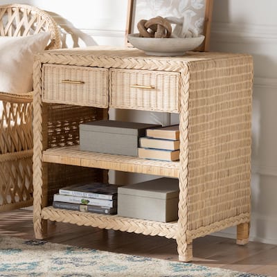 Lanica Braided Natural Rattan Console Table with Drawers and Shelves – Coastal Style Cabinet for Entryway or Living Room