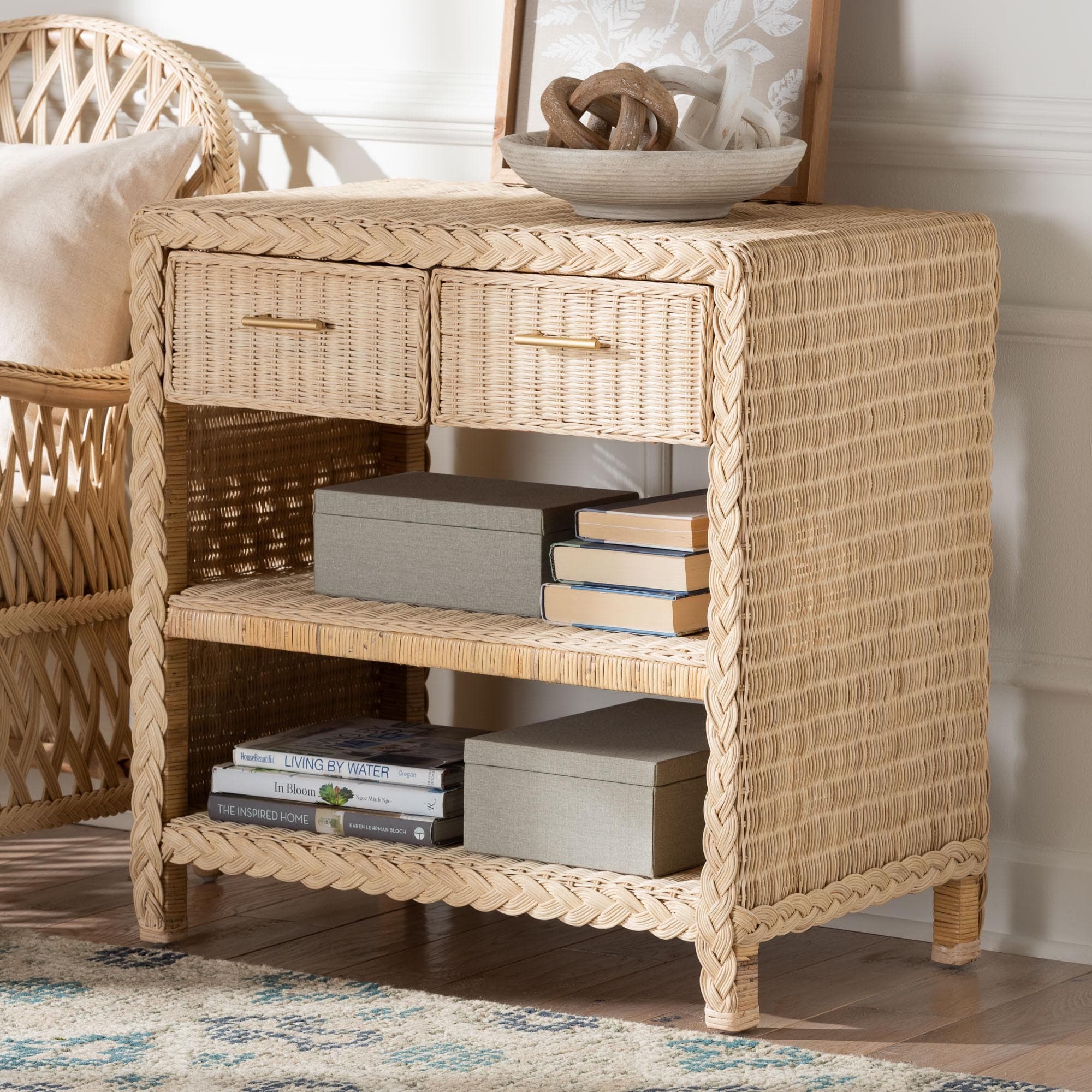 Lanica Braided Natural Rattan Console Table with Drawers and Shelves – Coastal Style Cabinet for Entryway or Living Room