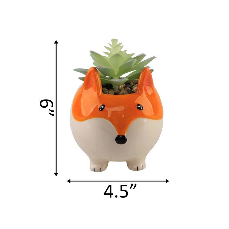 Faux Succulent in 4.5" Large Orange Fox Ceramic Planter - ONE-SIZE