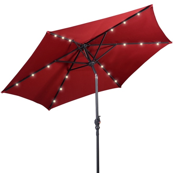 Costway 9ft Patio Solar Umbrella LED Patio Market Steel Tilt w/ Crank Outdoor (Burgundy) - Red