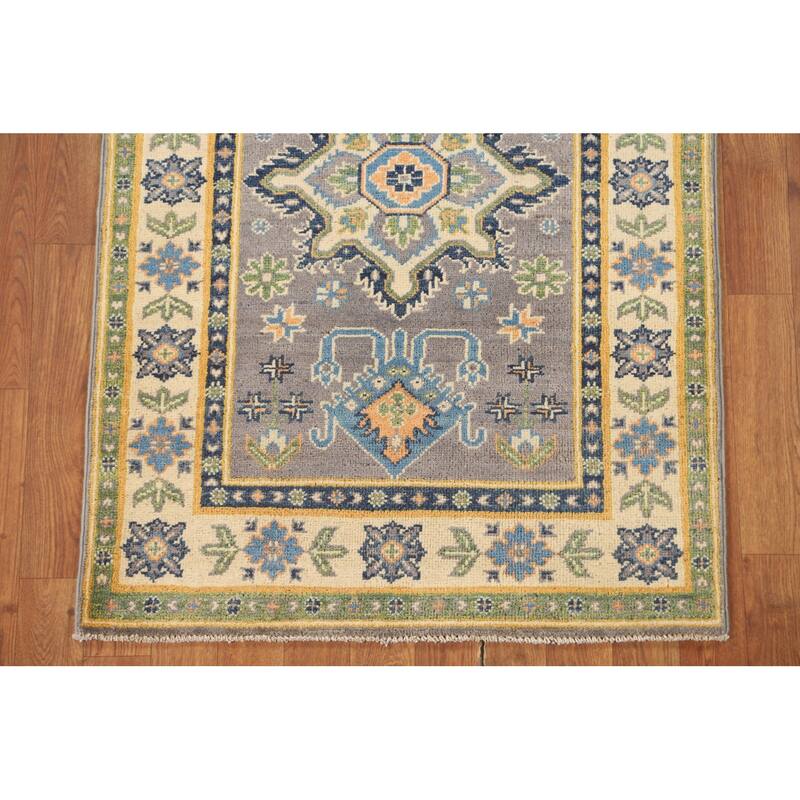 Gray Geometric Kazak Oriental Accent Rug Handmade Wool Carpet - 2'9" x 3'10"