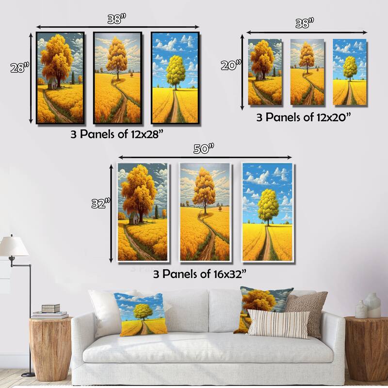 Designart "Yellow Tree In Blossoming Golden Meadow II" Meadow Yellow - Gallery Wall Set Of 3 For Home Decor
