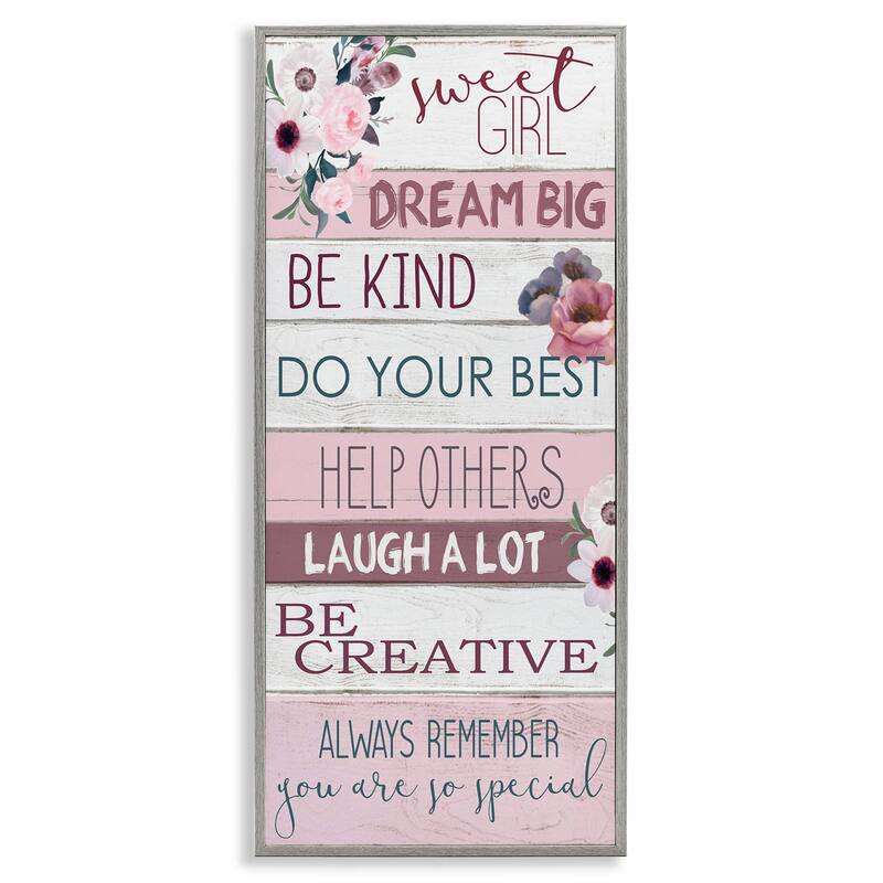 Stupell Sweet Girl Inspirational Phrases Soft Pink Florals Framed Wall Art - 10 x 24 - Grey