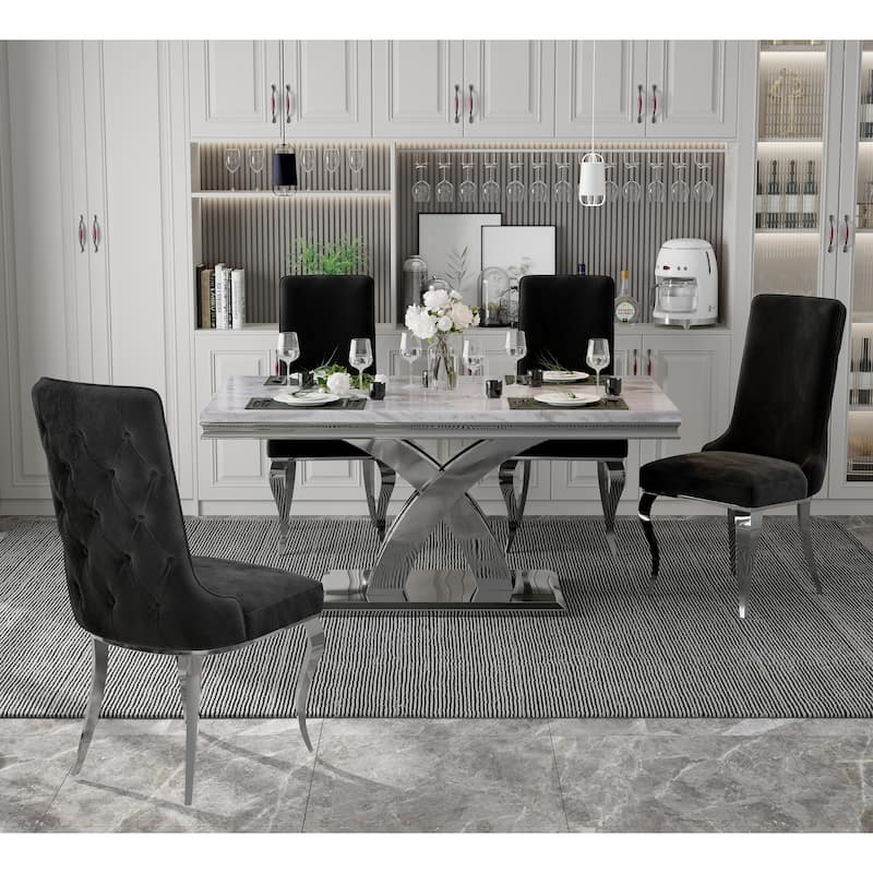 Silver Dining Room Table Set with 65 inch Table and Black Velvet Dining Chairs