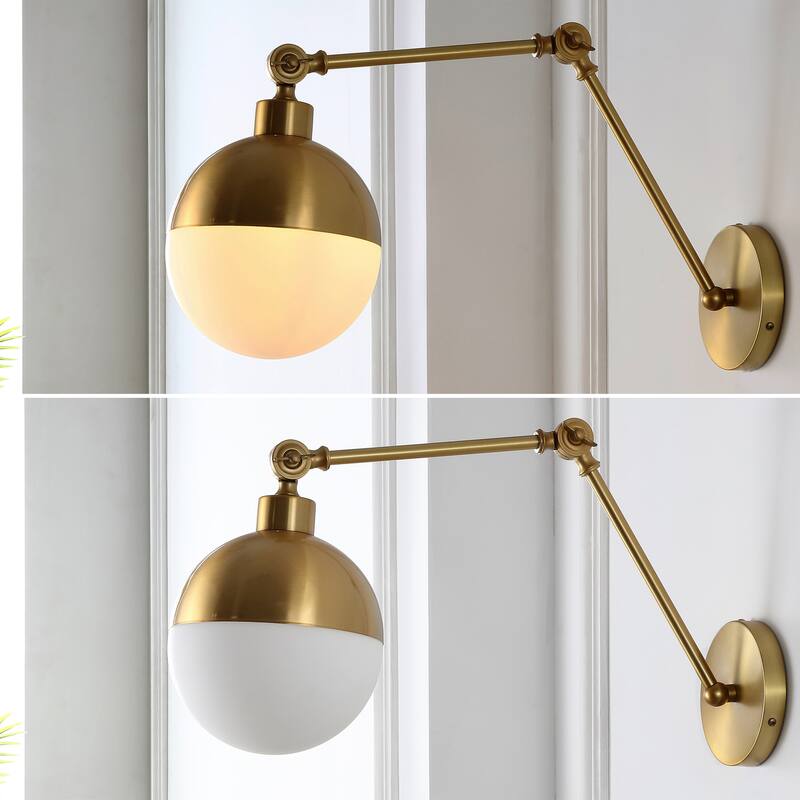 Austin 8" 1-Light Mid-Century Modern Arm-Adjustable Iron/Glass LED Sconce, Brass Gold/Frosted by JONATHAN Y