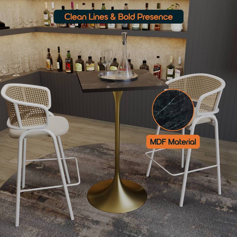 Verve 43 in. Tall Bar Height Dining Table Square MDF Wood Tabletop in Gold Stainless Steel Pedestal Base Accent Bar Table