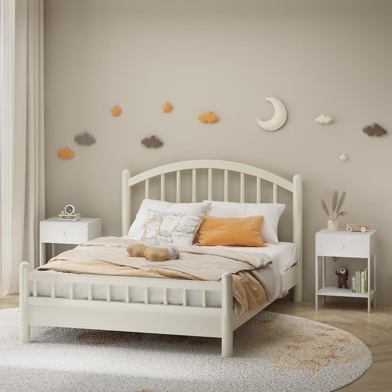 Anmytek White Modern Nightstand with Drawer and Open Shelf Wave Pattern Solid Wood Bedside Table