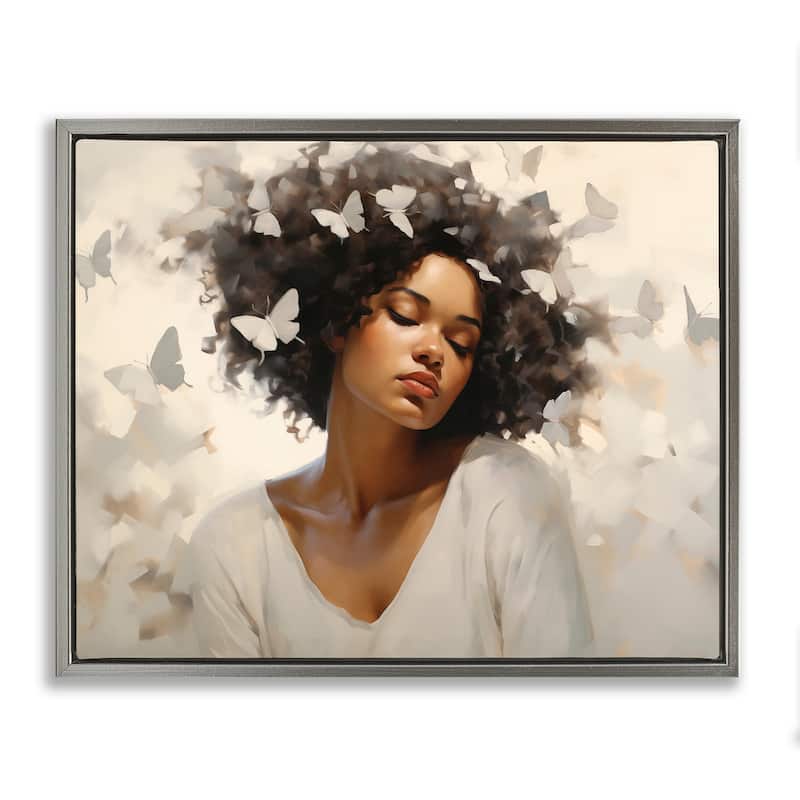 Stupell Woman with White Butterflies Framed Floater Canvas Wall Art Design By Arlington Prints - 31 x 25 - Grey