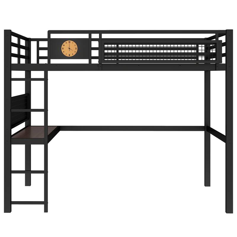 Roomfitters Queen Metal Loft Bed with Desk and Pegboard, High Sleeper Frame with Storage Basket, Black