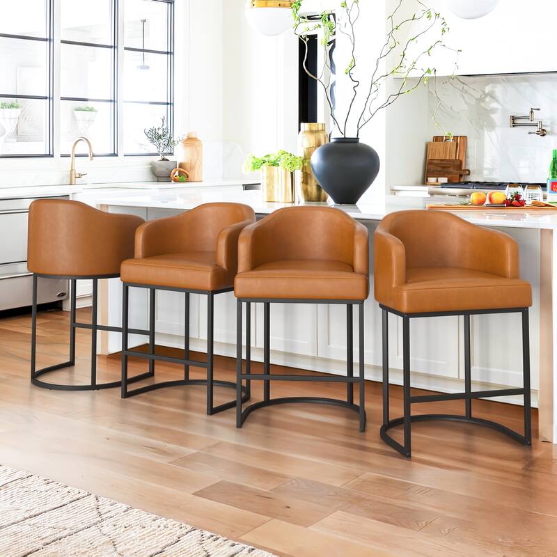 26.in Modern Set of 4 Barstool Fabric/Leather Upholstered Counter Height Stool with Metal Frame for Kitchen Island - Brown