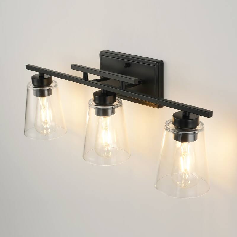 3-Light Modern Black Linear Cone Clear Glass Bathroom Vanity Light - 23.62 in. W x 7.09 in. D x 9.25 in. H