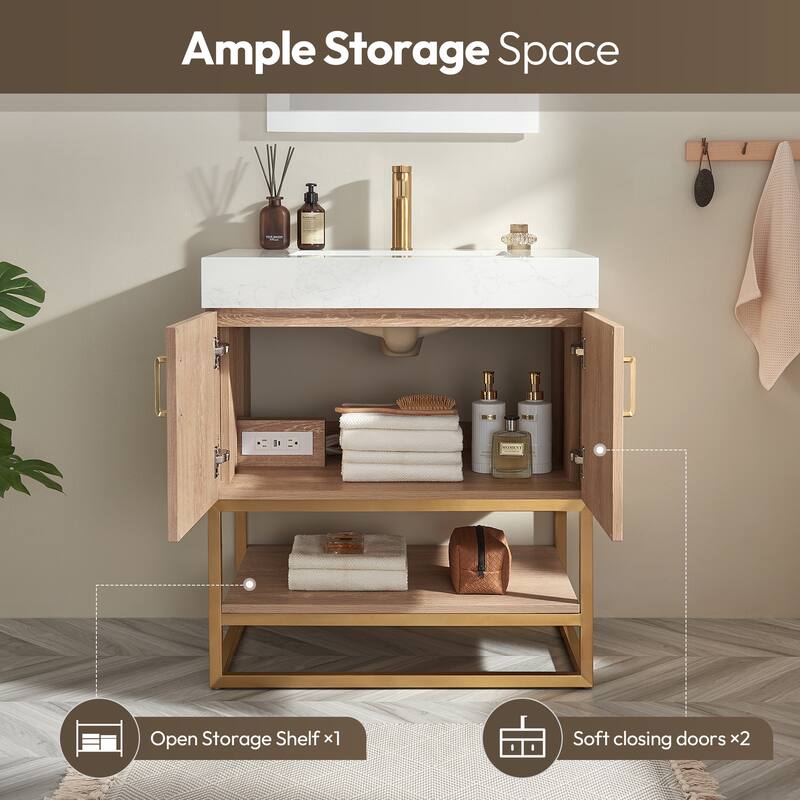 Alistair Single Bath Vanity with White Grain Stone Top & Mirror