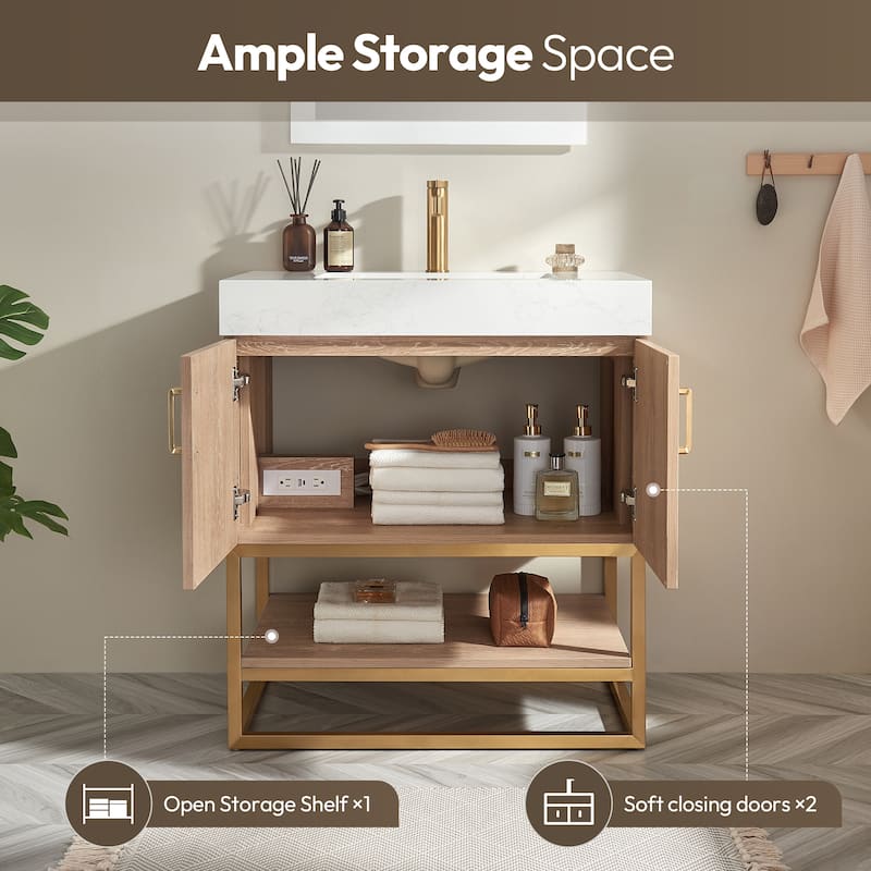 Alistair Single Bath Vanity with White Grain Stone Top without Mirror